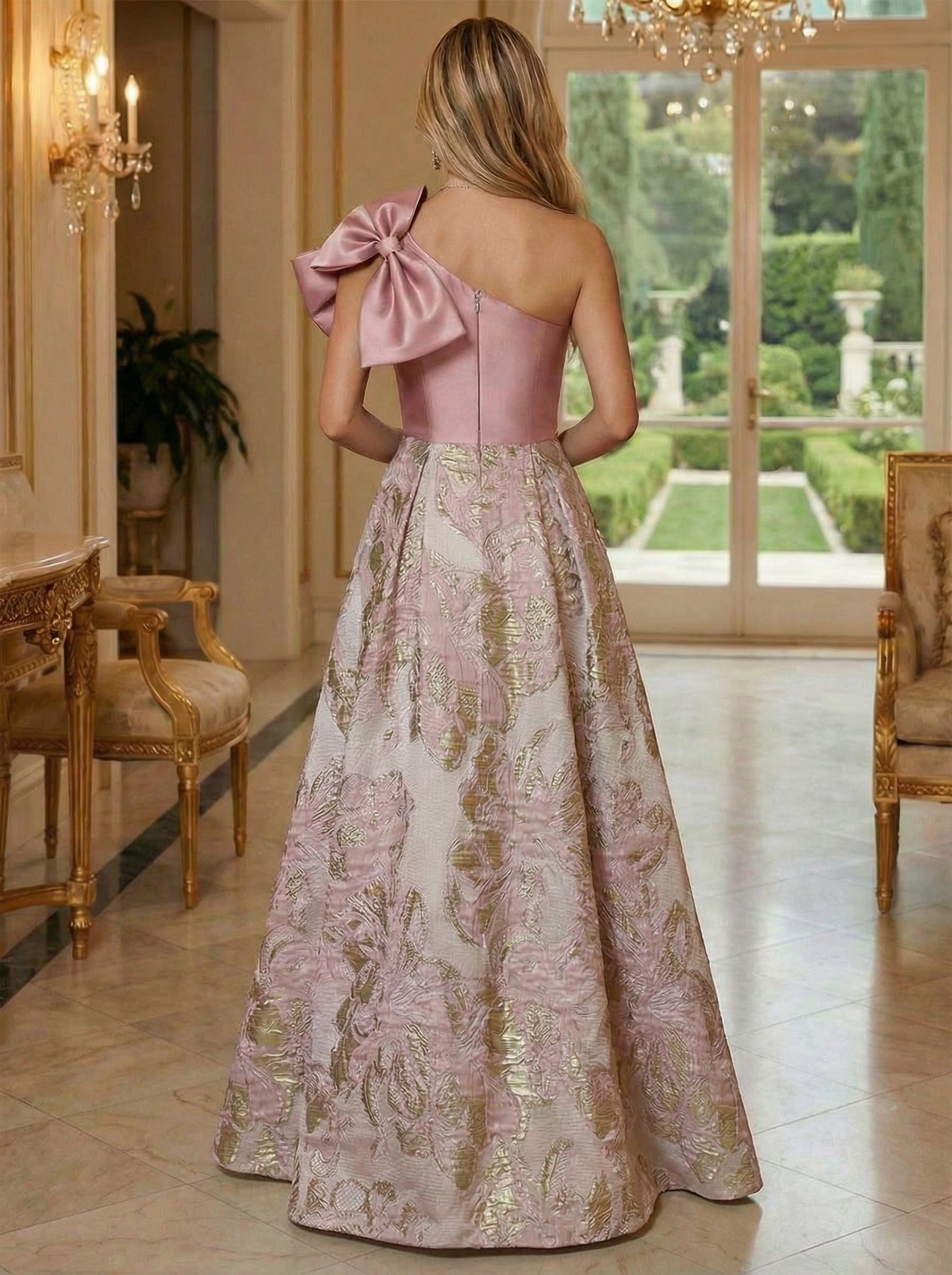 Vedress dusty pink gold jacquard wedding guest one shoulder gown back view with zipper